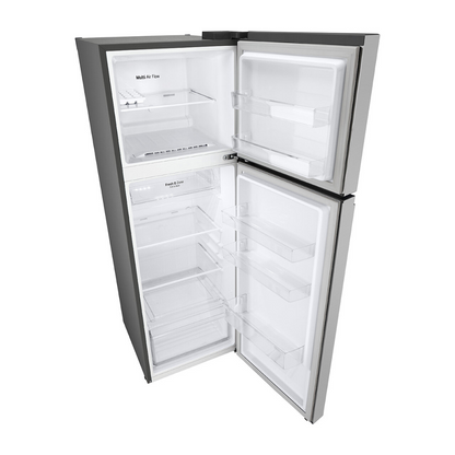 Open LG top mount refrigerator with interior shelves on a white background