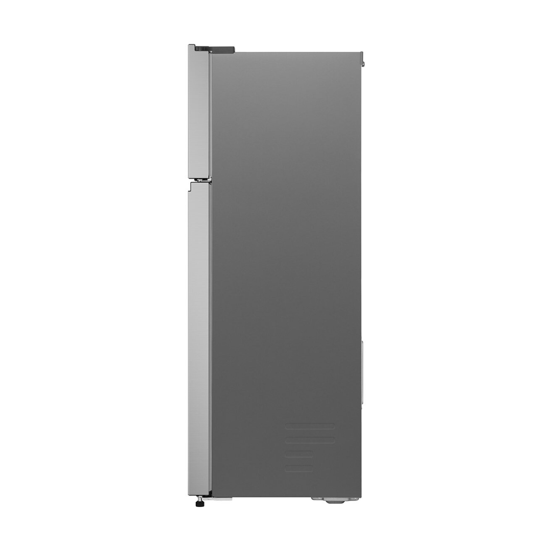 Stainless Steel LG top mount refrigerator on a white background