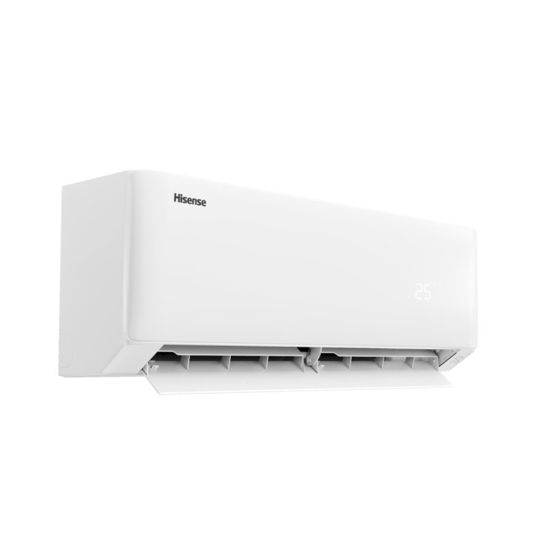 White air conditioner with Hisense logo and vent open at an angle on a white background