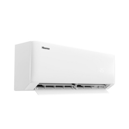 White air conditioner with Hisense logo and vent open at an angle on a white background
