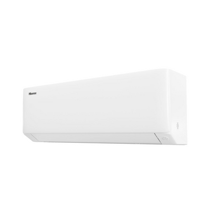 White Hisense air conditioner at an angle on a white background