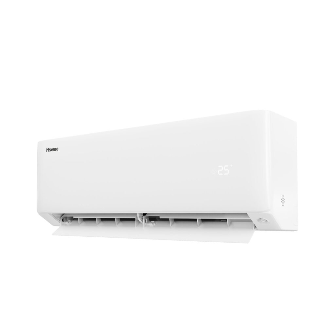 White Hisense air conditioner at an angle on a white background with the vent open.