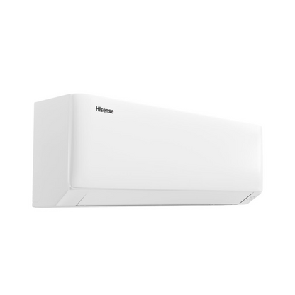 White air conditioner with Hisense logo at an angle on a white background