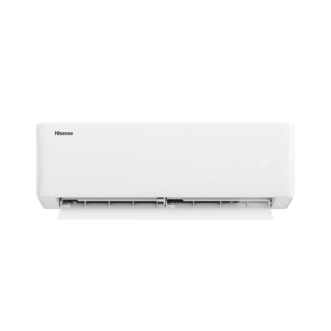White air conditioner with Hisense logo on a white background with the vent open