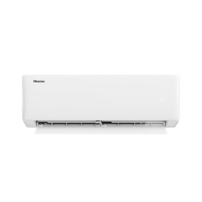 White air conditioner with Hisense logo and vent open on a white background