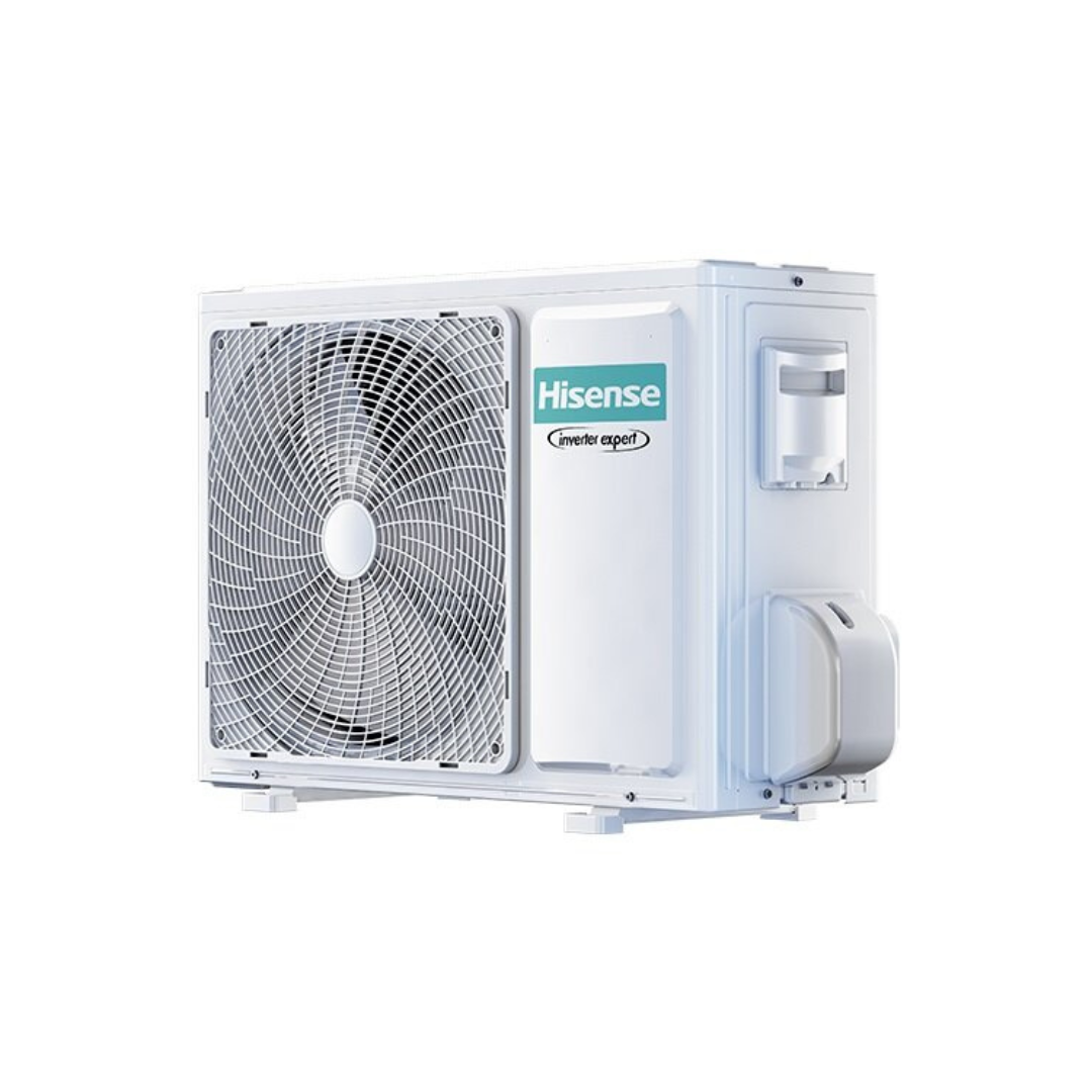 Hisense air conditioner outdoor unit at an angle on a white background