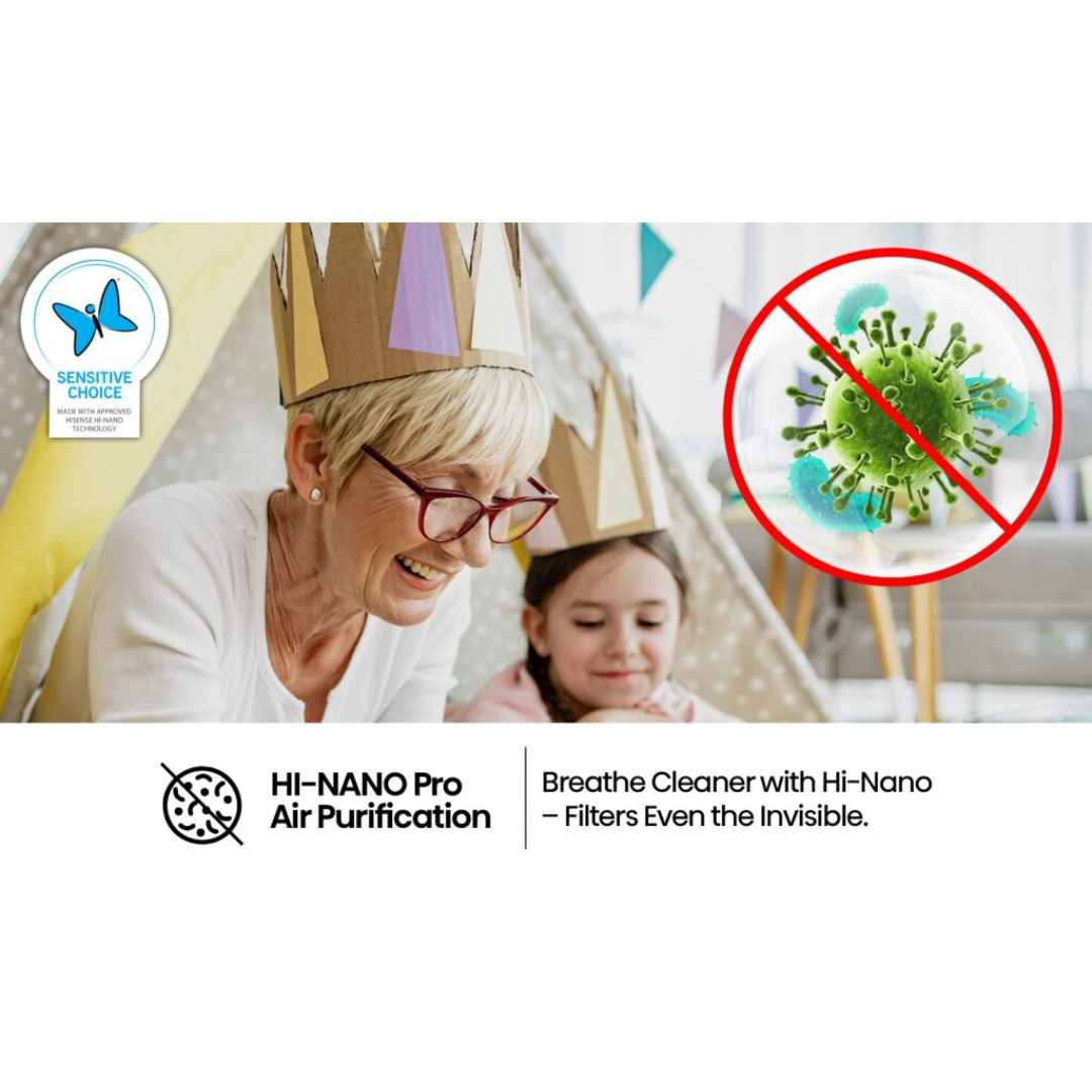 Woman and child wearing party hats with a virus illustration and text about HI-NANO Pro Air Purification. Found in Hisense Air Conditioners.