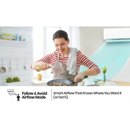 Woman cooking in a kitchen with text about smart airflow mode with a Hisense Air Conditioner in the background. 