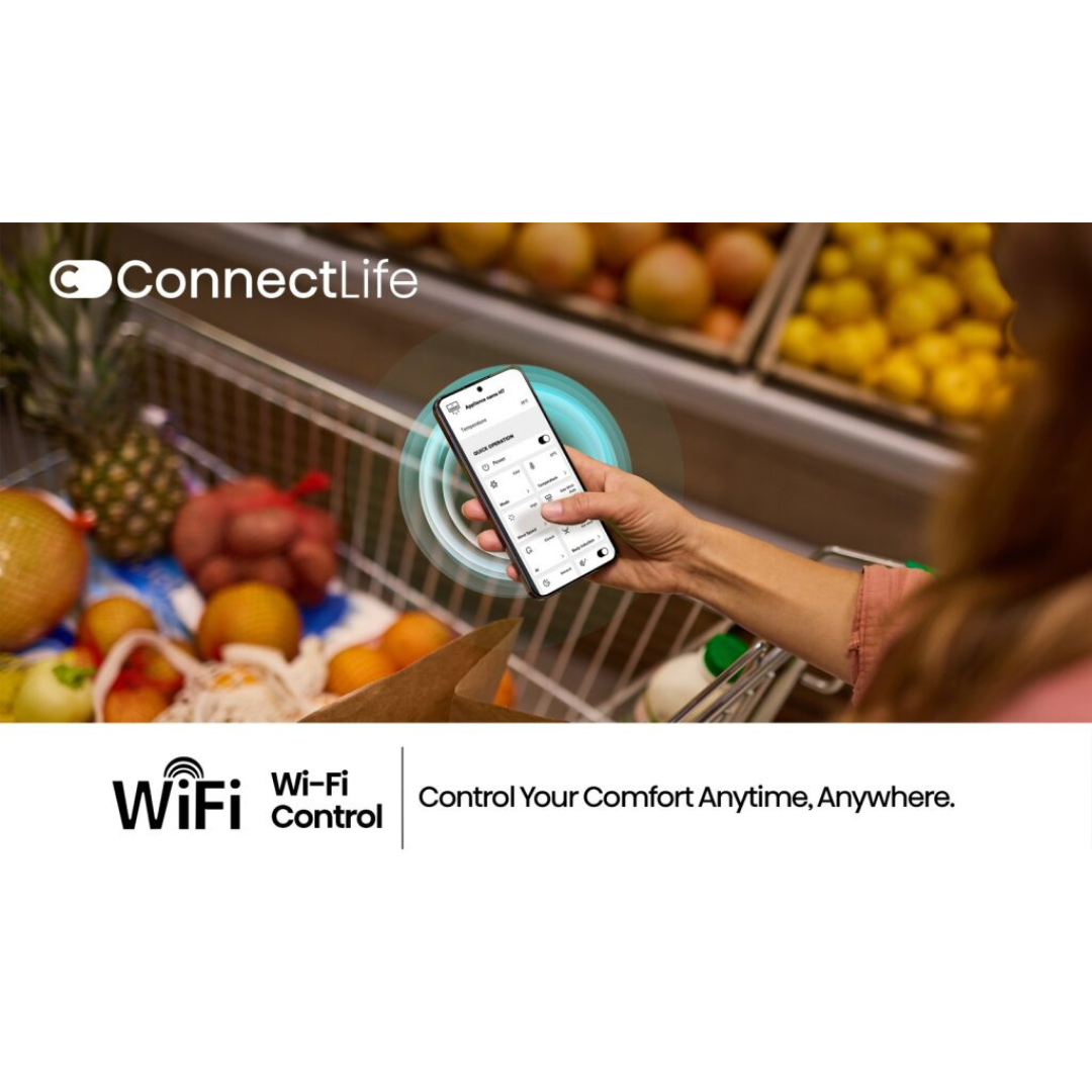 Person using a smartphone with ConnectLife app in a grocery store setting controlling a Hisense Air Conditioner