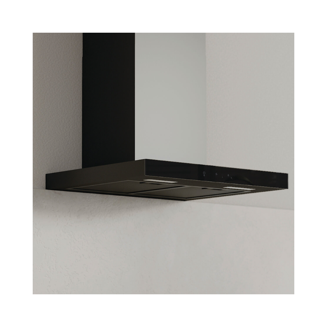 Close-up angled view of the Haier 60vm 600 series wall-mounted canopy rangehood in sleek black, highlighting the minimalist control panel and integrated LED lighting. 
