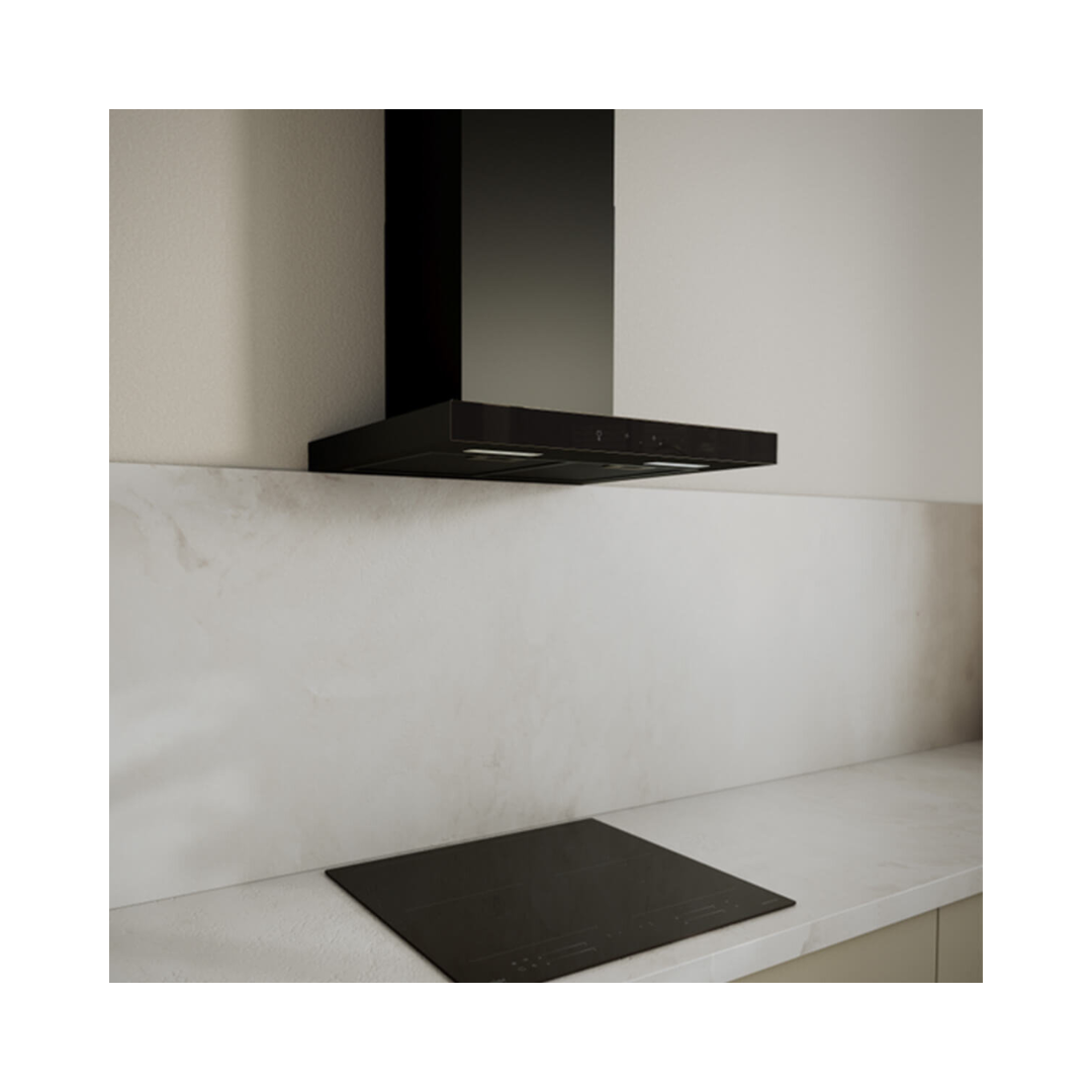 Haier 60cm 600 series black wall-mounted canaopy rangehood installed above a modern cooktop, blending seamlessly with a minimalist kitchen design. 