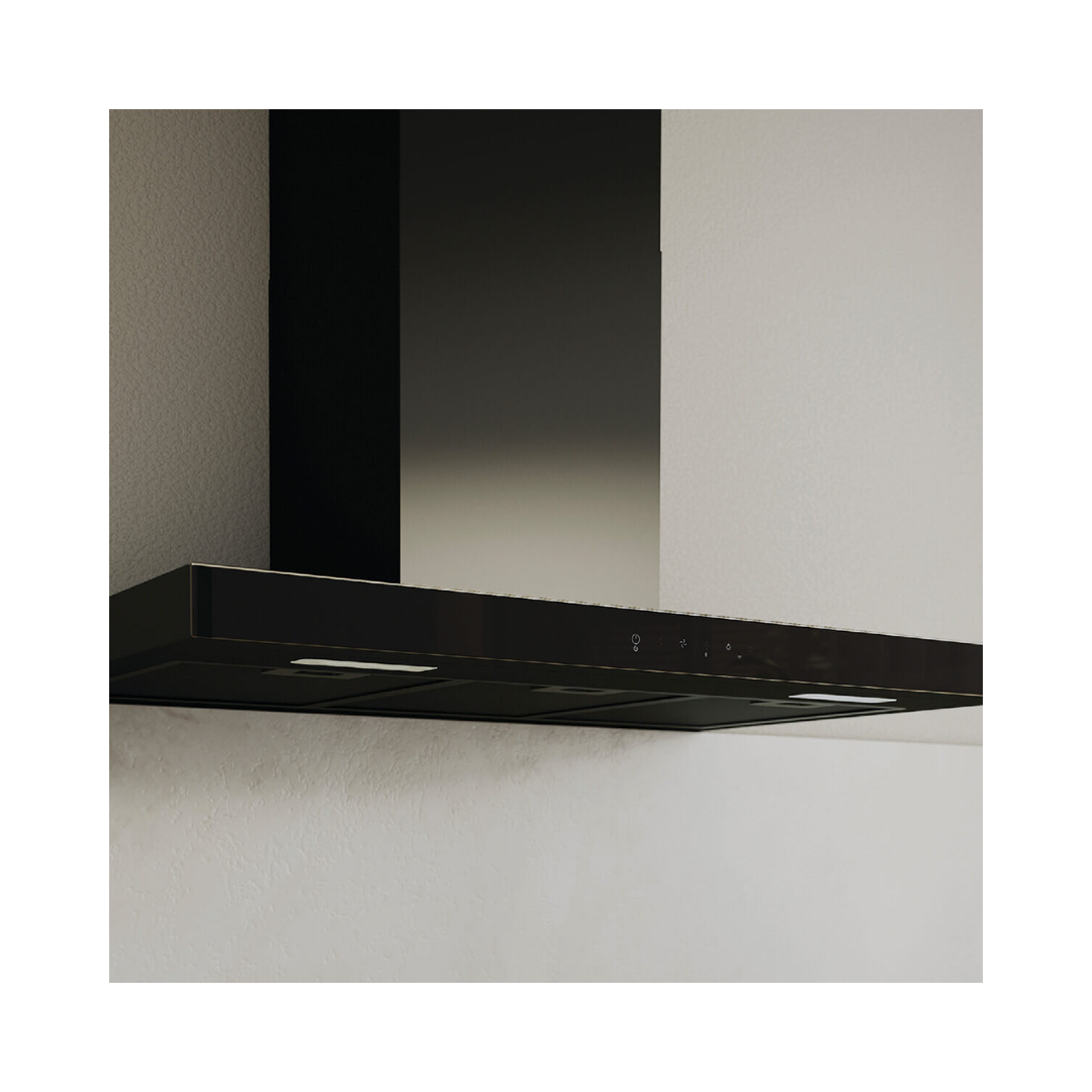 Close-up angled view o the Haier 90cm 600 series wall-mounted canopy rangehood in sleek black, highlighting the minimalist control panel and integrated LED lighting. 