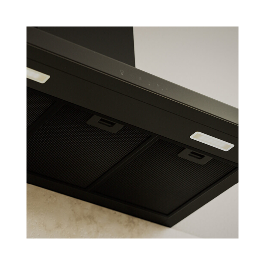 Underside of a Haier 90cm wall-mounted canopy rangehood in black, featuring mesh filters and built-in LED lights for effective kitchen ventilation. 