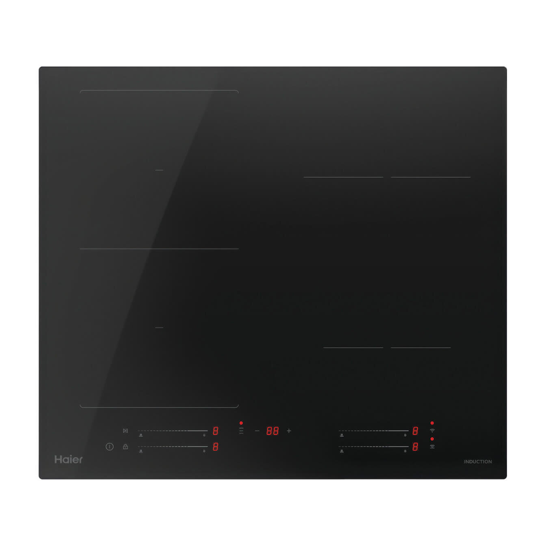 Front view of the Haier black induction cooktop with touch controls and LED indicators. 