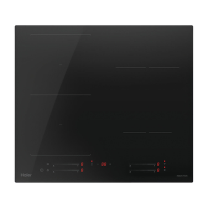 Front view of the Haier black induction cooktop with touch controls and LED indicators. 
