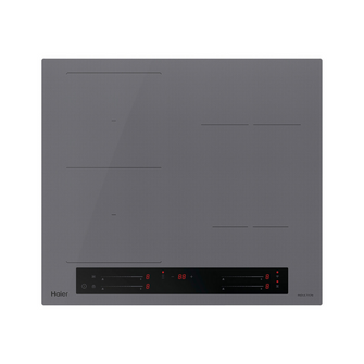 Front view of Haier induction cooktop in grey with touch controls and LED indicators.