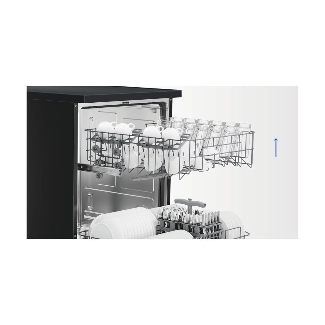 Haier 60cm Freestanding Dishwasher in a Black finish showcasing it's adjustable top basket upwards