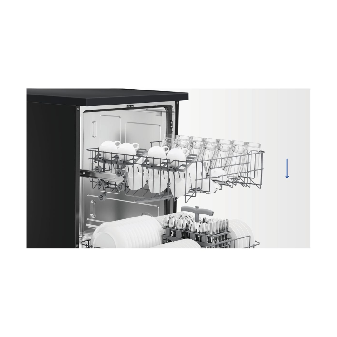 Haier 60cm Freestanding Dishwasher in a Black finish showcasing it's adjustable top basket downwards