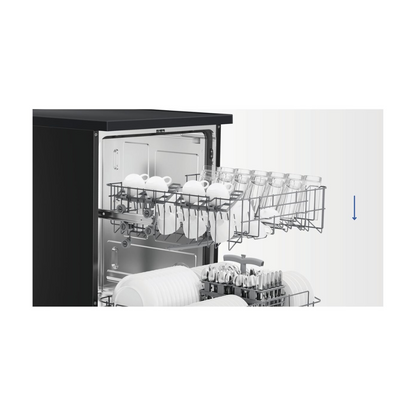 Haier 60cm Freestanding Dishwasher in a Black finish showcasing it's adjustable top basket downwards