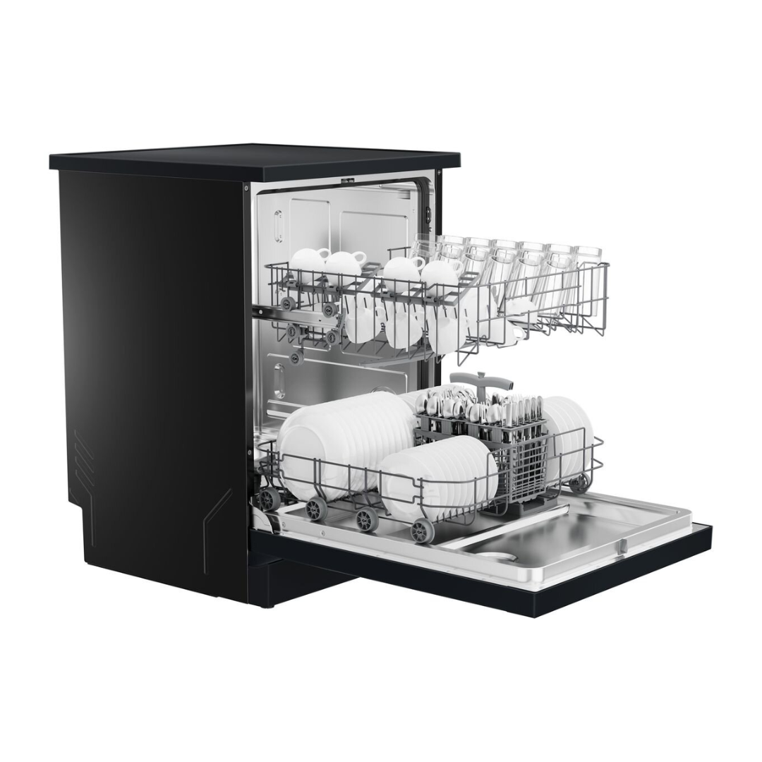 Haier 60cm Freestanding Dishwasher in a Black finish pictured at an angle showcasing both it's baskets at capacity