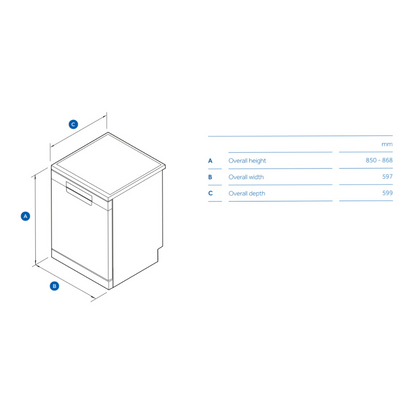 Haier 60cm Freestanding Dishwasher in a Black finish with dimensions for reference