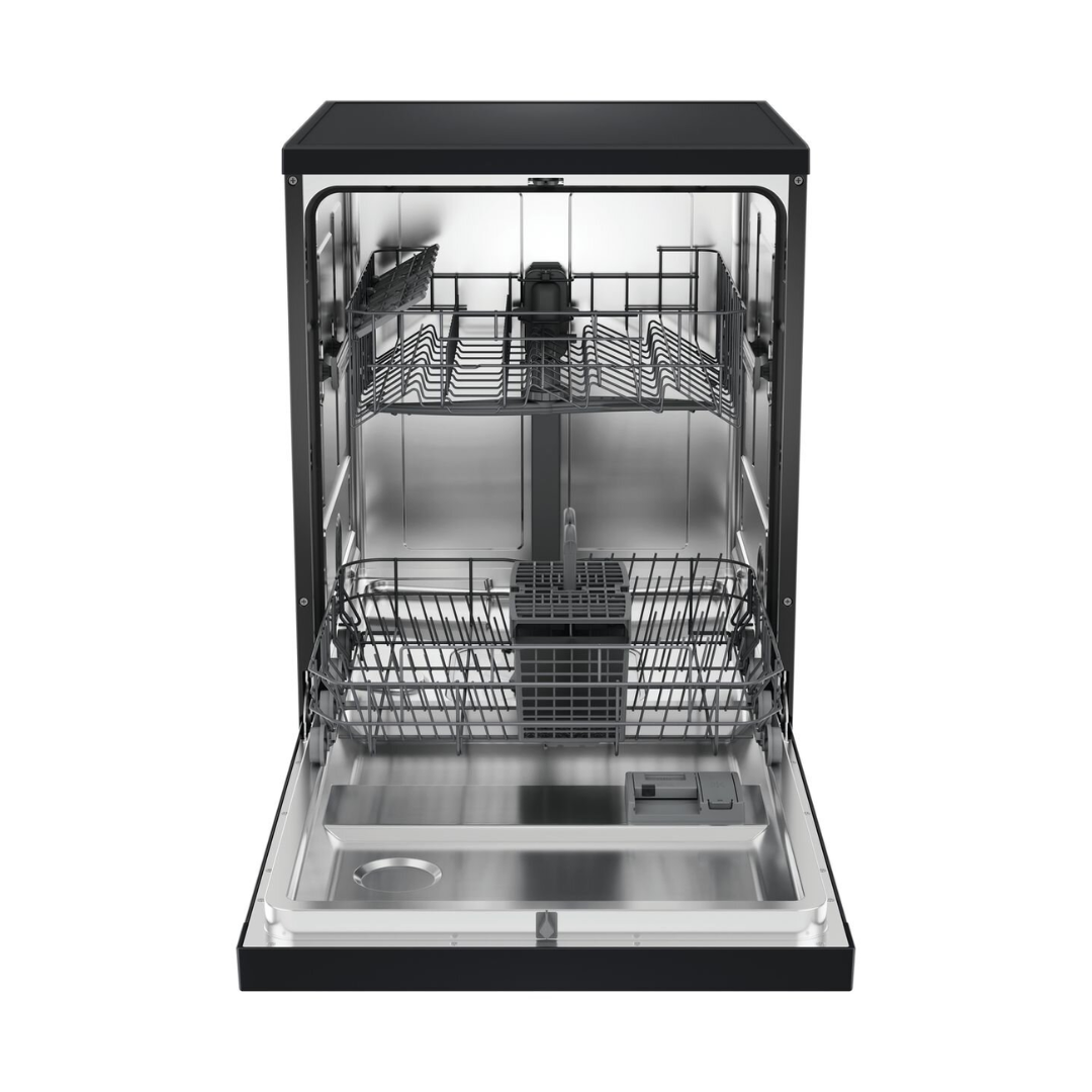 Haier 60cm Freestanding Dishwasher in a Satina finish with door open and empty baskets pictured from the front