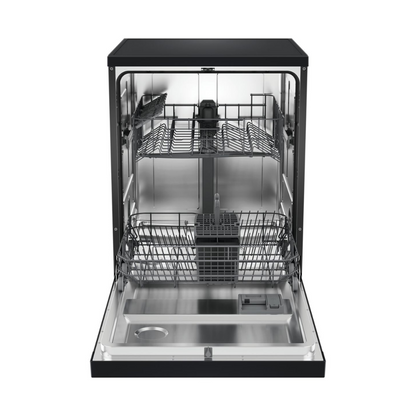 Haier 60cm Freestanding Dishwasher in a Satina finish with door open and empty baskets pictured from the front
