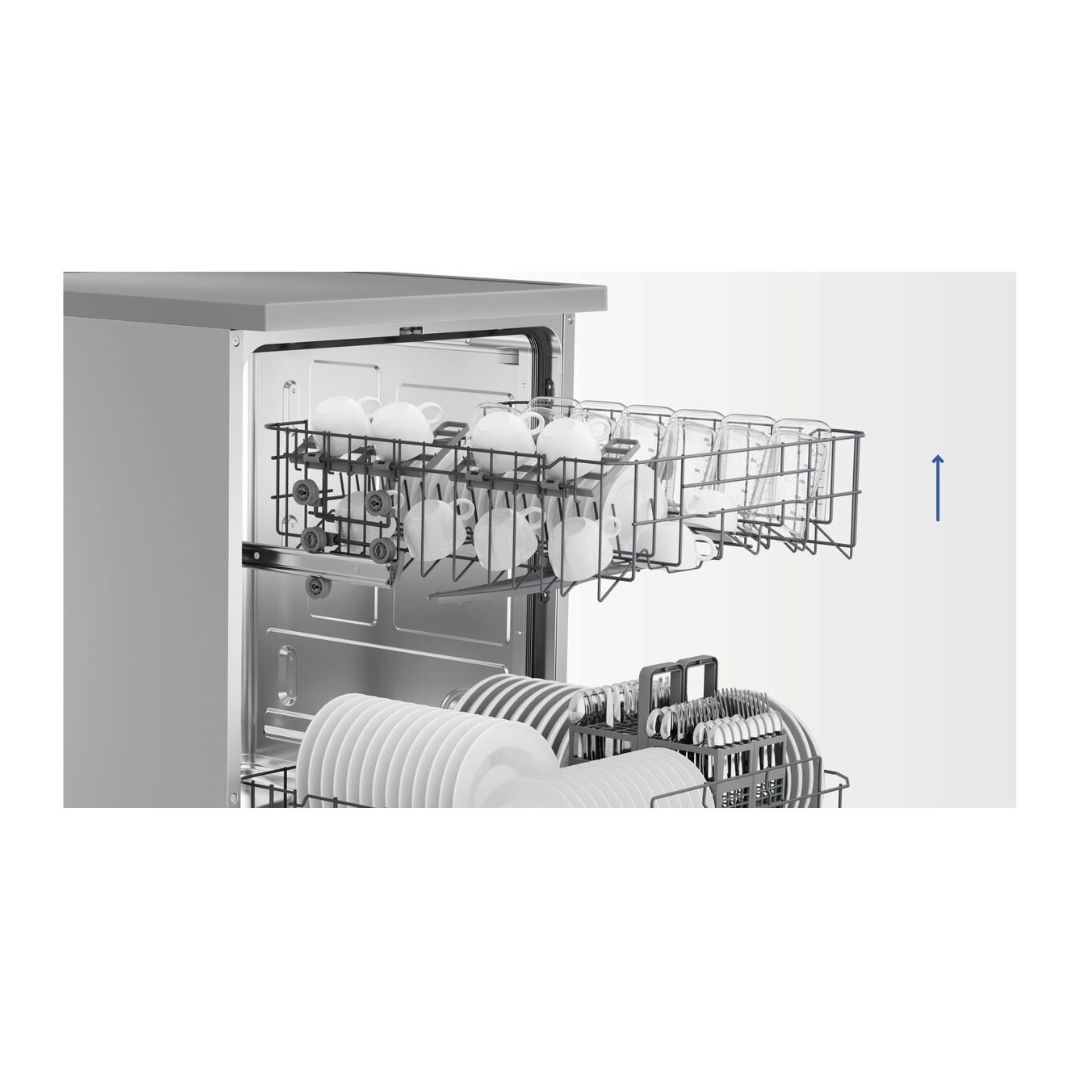 Haier 60cm Freestanding Dishwasher in a Satina finish showcasing the adjustable top basket 