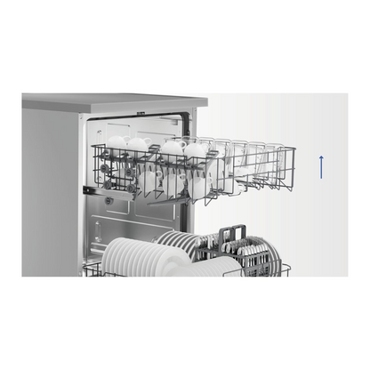 Haier 60cm Freestanding Dishwasher in a Satina finish showcasing the adjustable top basket 