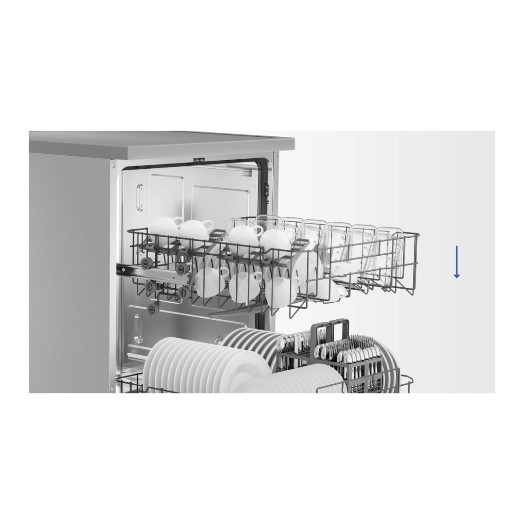 Haier 60cm Freestanding Dishwasher in a Satina finish showcasing the adjustable top basket
