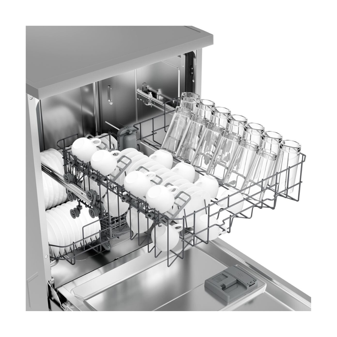 Haier 60cm Freestanding Dishwasher in a Satina finish showing the top basket at capacity