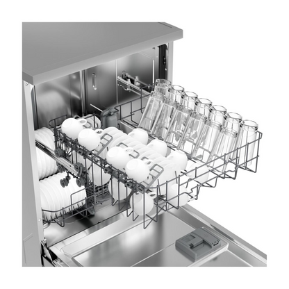 Haier 60cm Freestanding Dishwasher in a Satina finish showing the top basket at capacity
