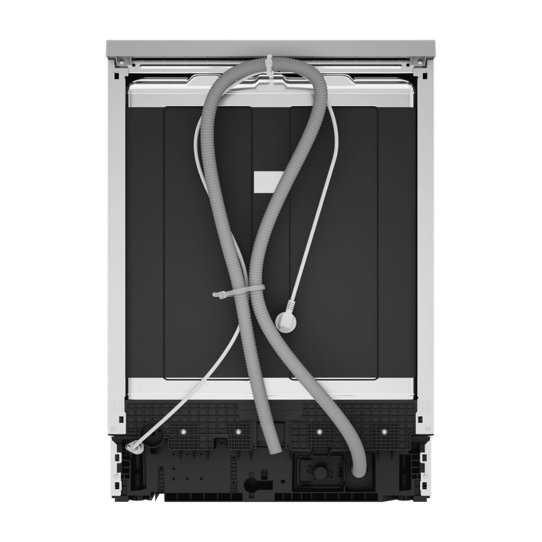 Haier 60cm Freestanding Dishwasher in a Satina finish showing the back of the machine