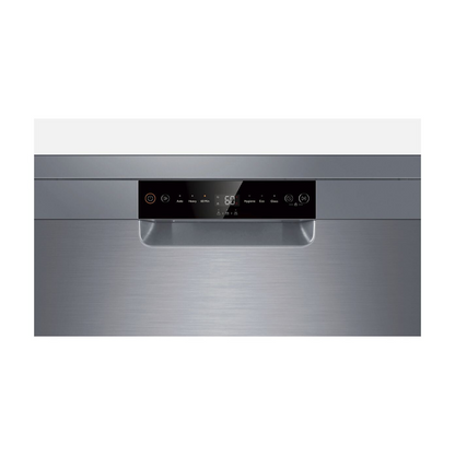 Haier 60cm Freestanding Dishwasher in a Satina finish with the controls on display 