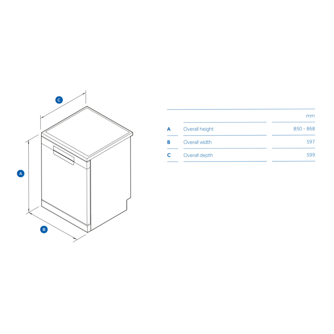 Haier 60cm Freestanding Dishwasher in a Satina finish with dimensions for reference