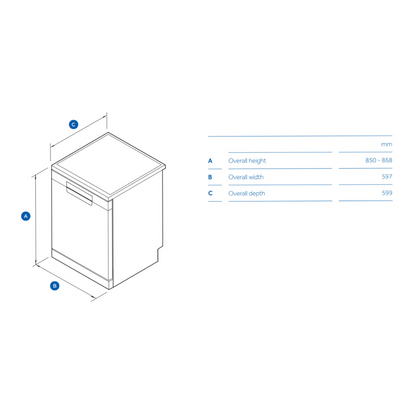 Haier 60cm Freestanding Dishwasher in a Satina finish with dimensions for reference