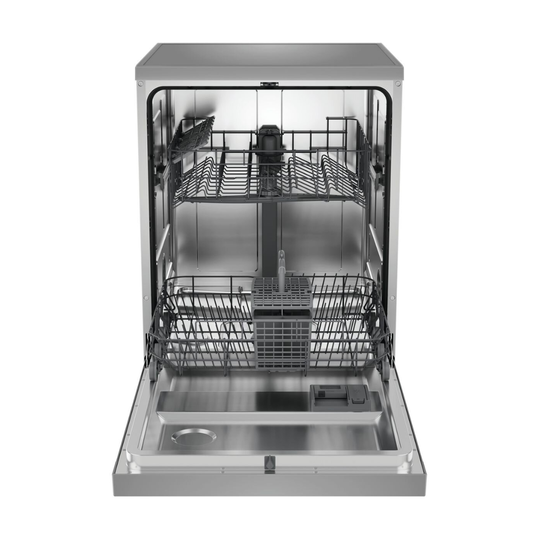Haier 60cm Freestanding Dishwasher in White with the door open and baskets empty showcasing it's capacity