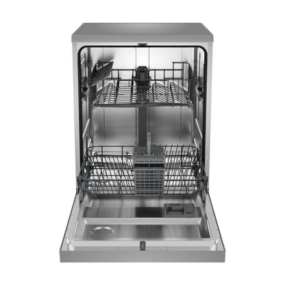 Haier 60cm Freestanding Dishwasher in White with the door open and baskets empty showcasing it's capacity