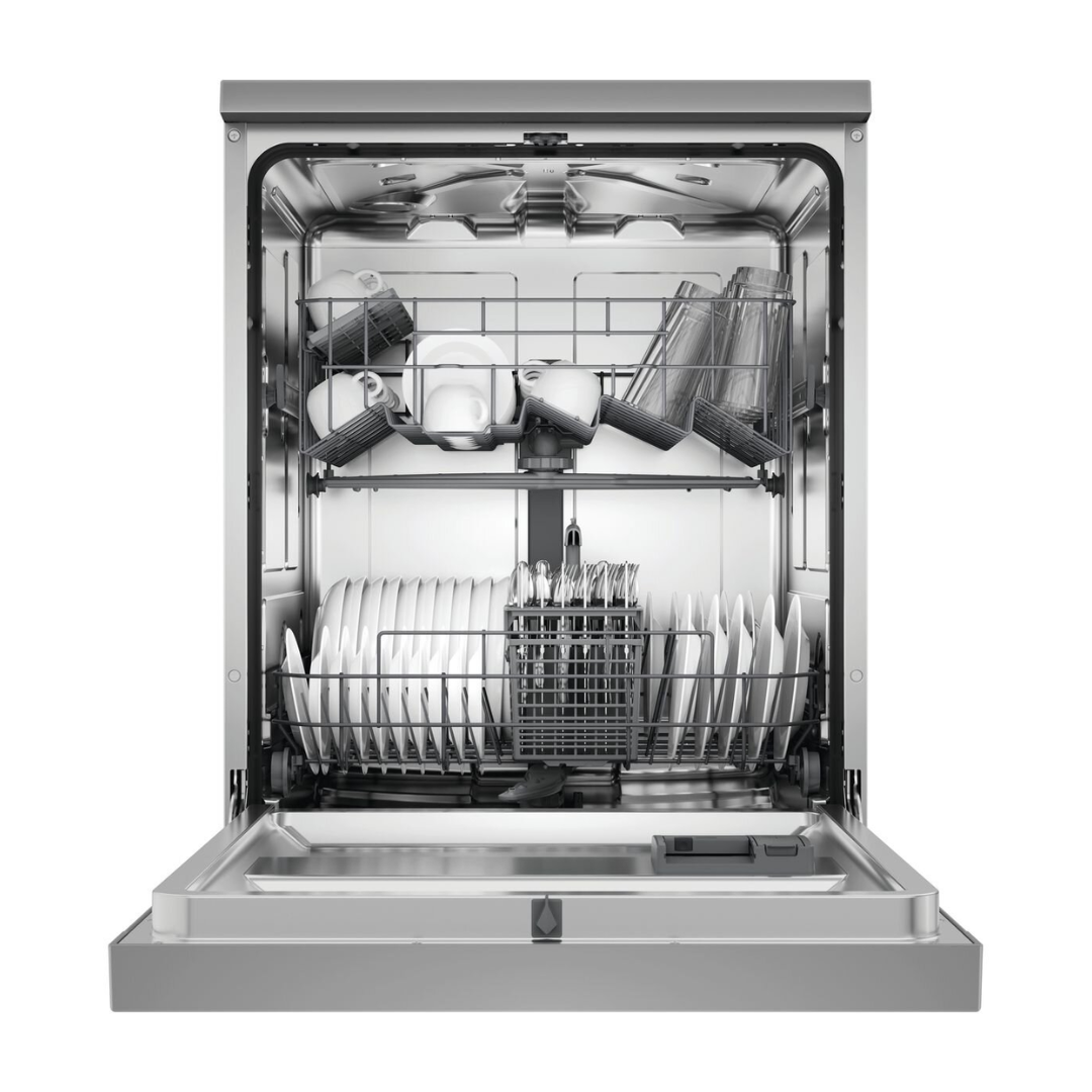 Haier 60cm Freestanding Dishwasher in White with the door open pictured from the front angle