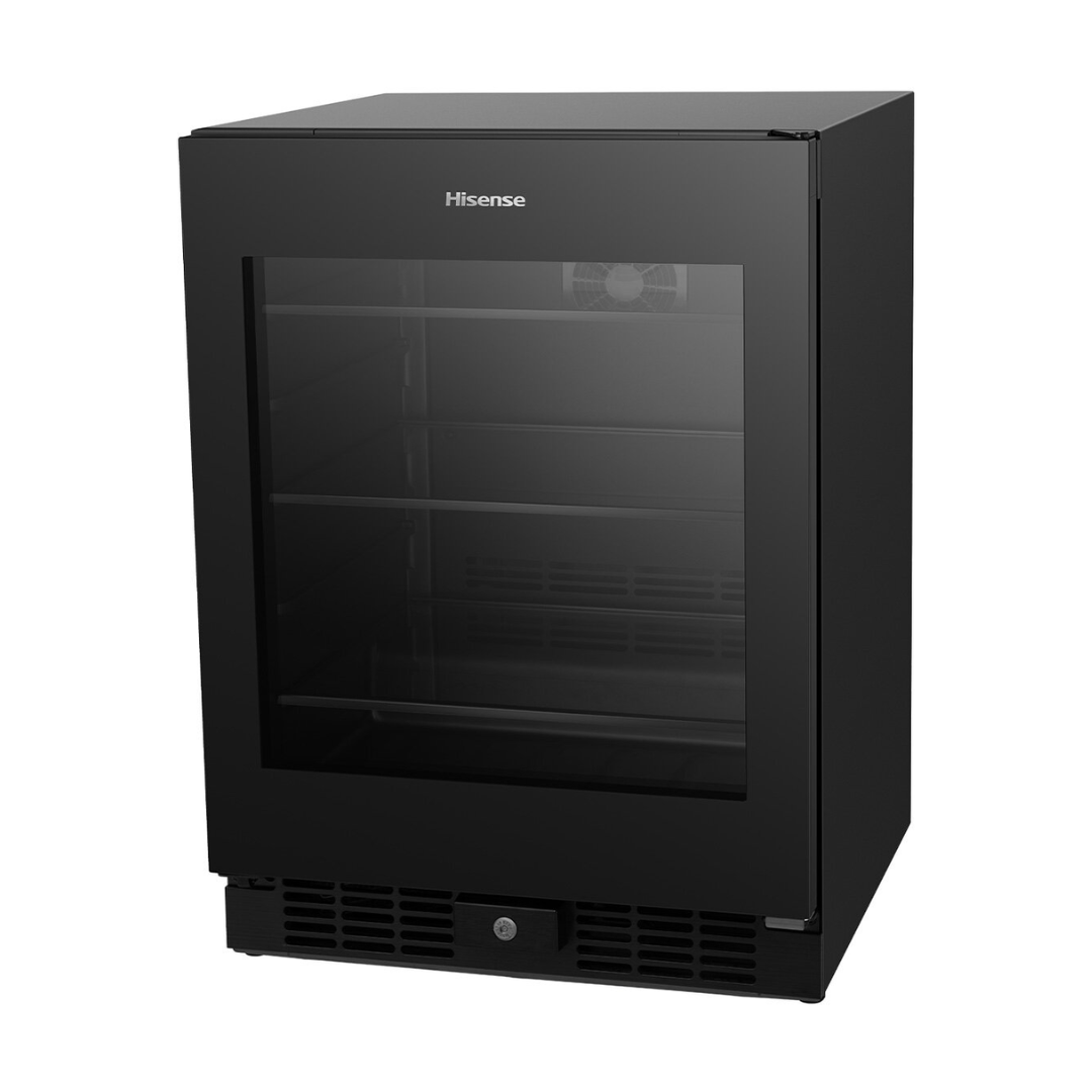 Angled view of the Hisense 140 can beverage cooler in a black finish with the door closed, showing the glass door, organised shelves and the topp and right outer panels on display. 