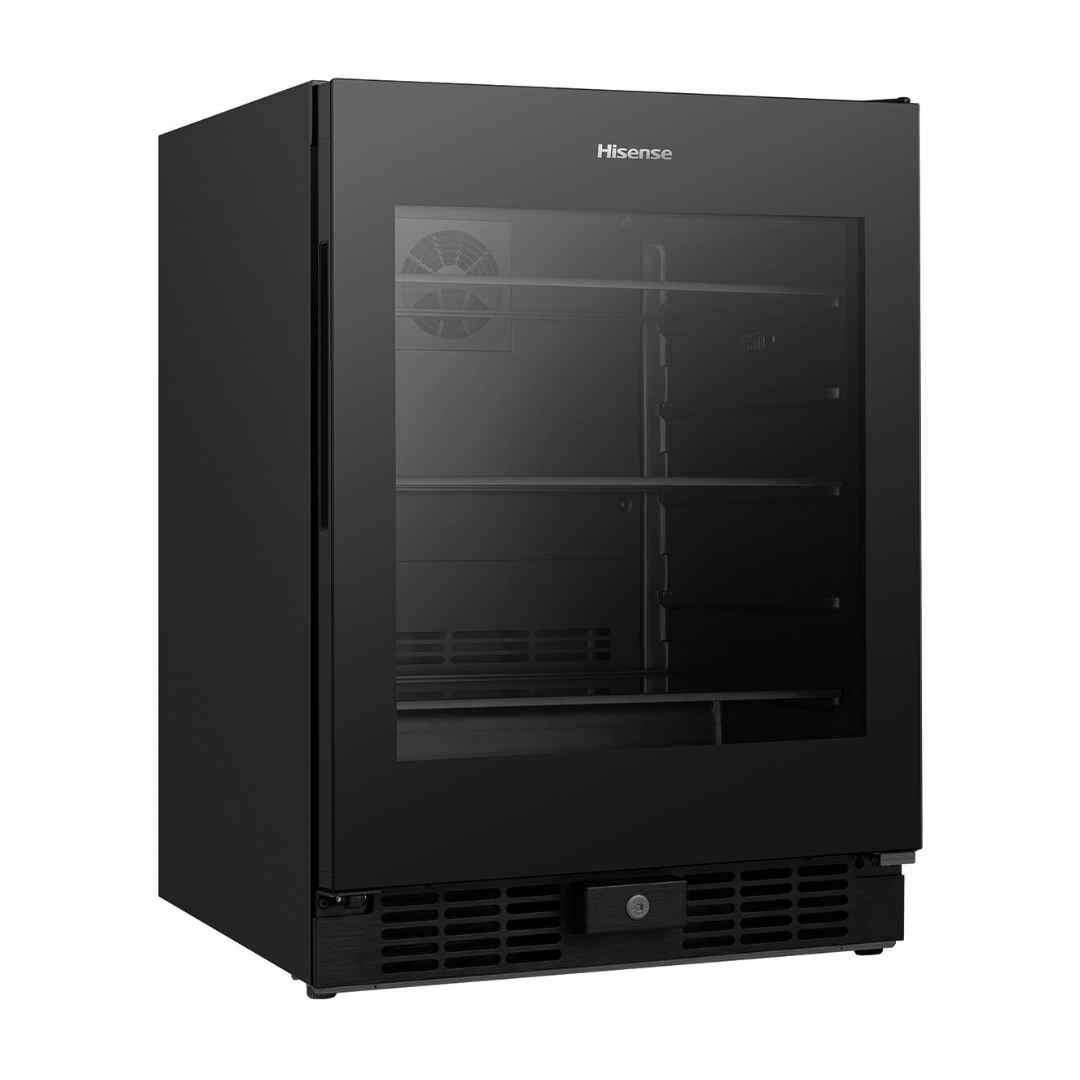 Angled view of the Hisense 140 can beverage cooler in a black finish with the door closed, showing the glass door, organised shelves and the left outer panel on display. 