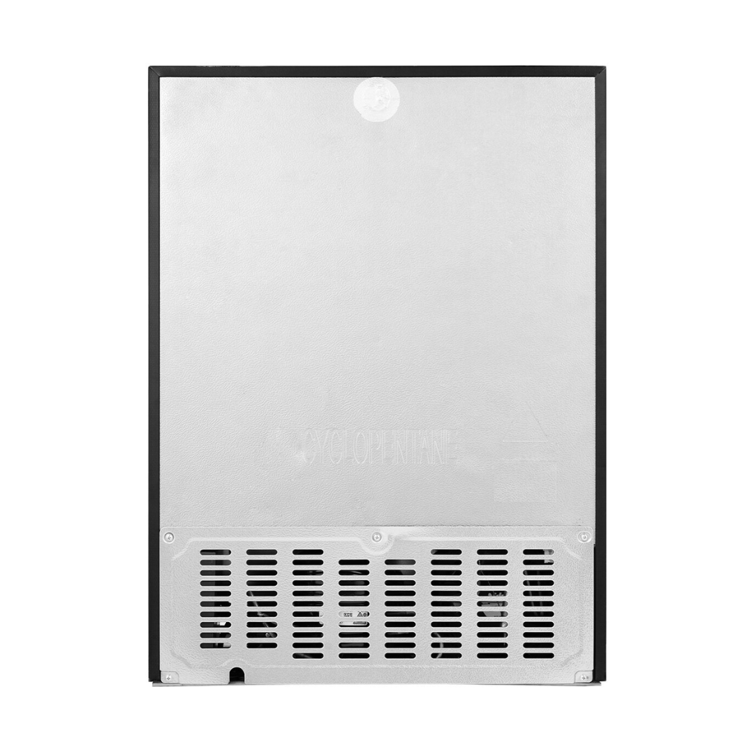 Back view of the Hisense 140 can beverage cooler, showing the back aluminium panel and air circulation vents. 
