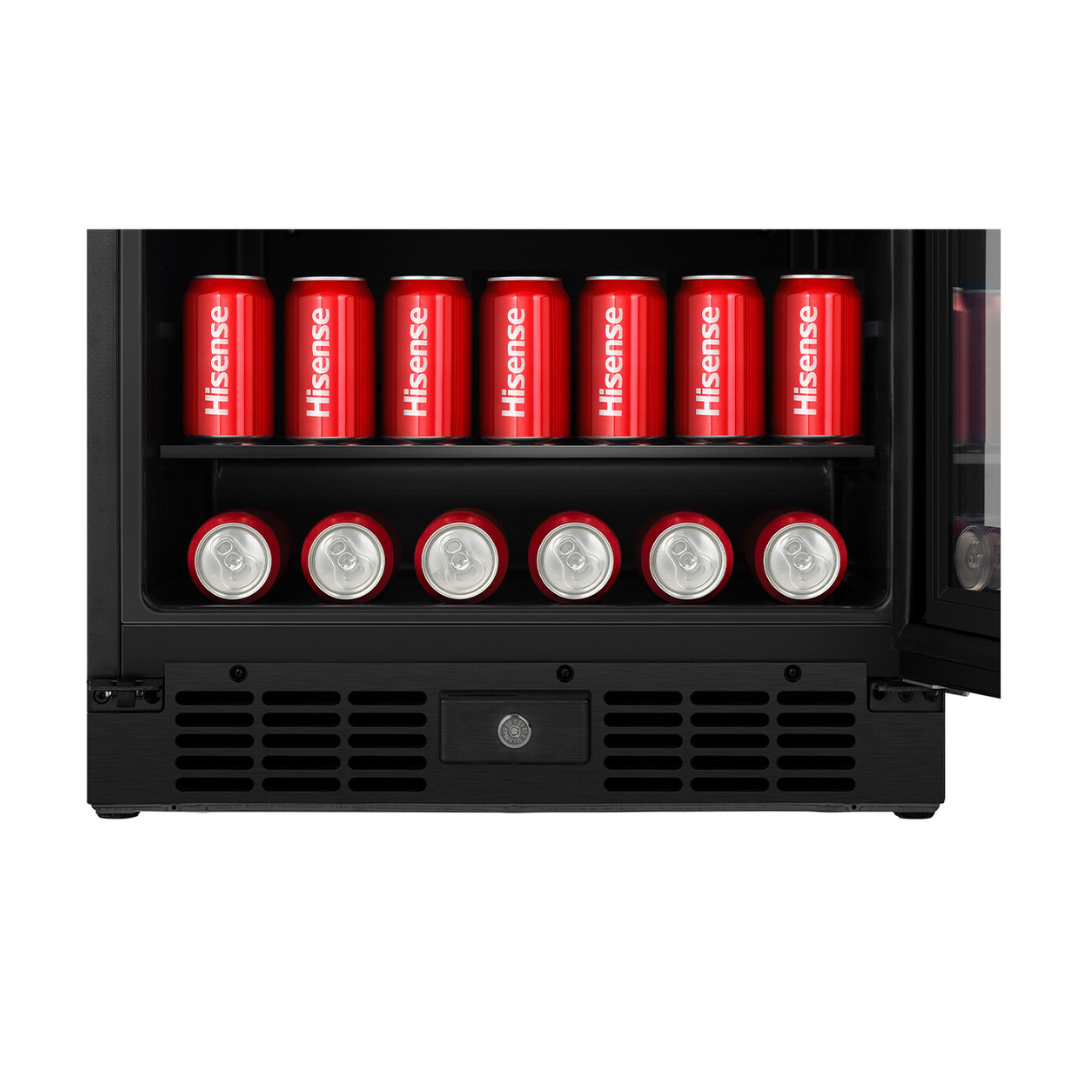 Close up view of the bottom of the Hisense 140 can beverage cooler, showing the air circulation vents.