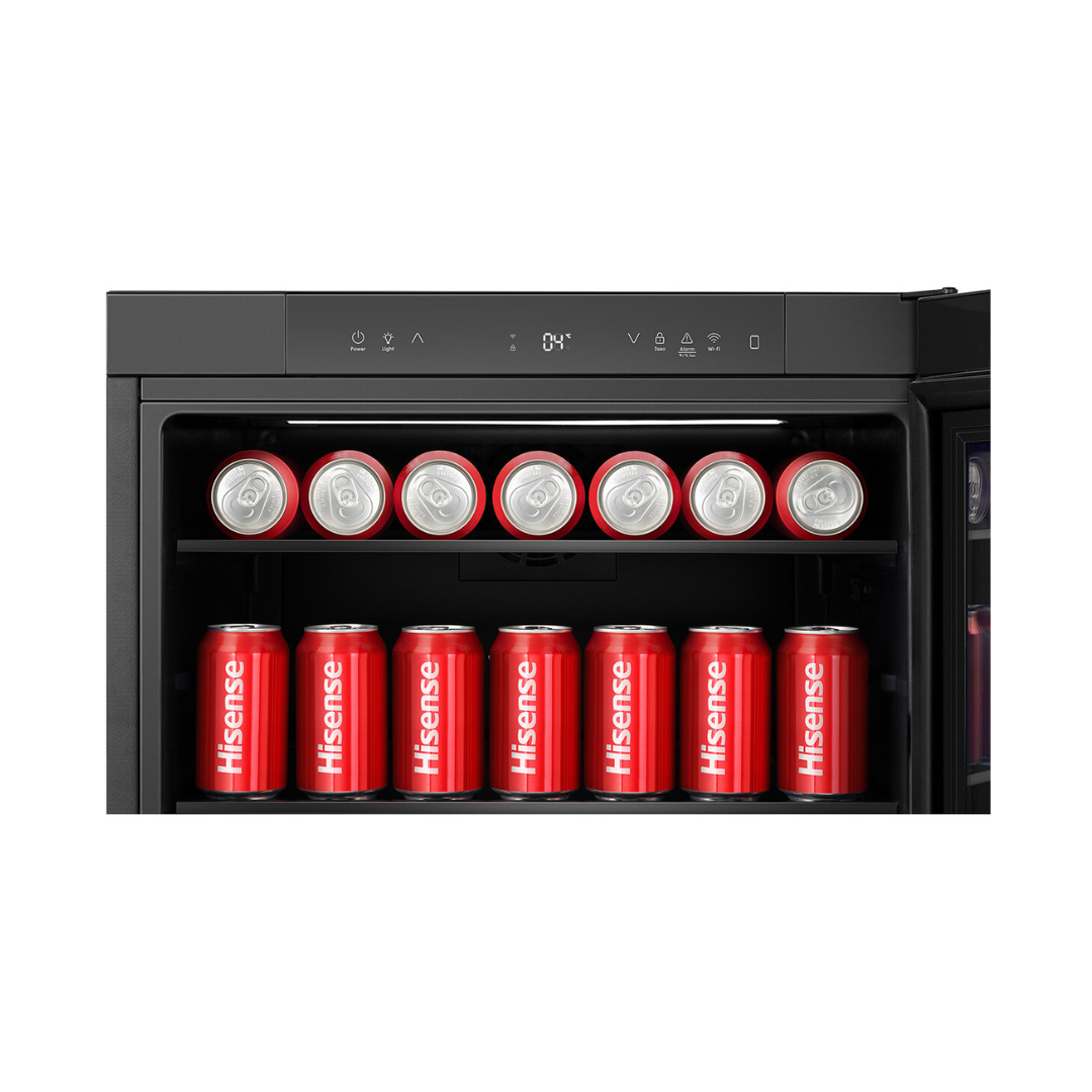 Close up view of the Hisense 140 can beverage cooler, showing the top panel where the electronic control panel is with touch controls.
