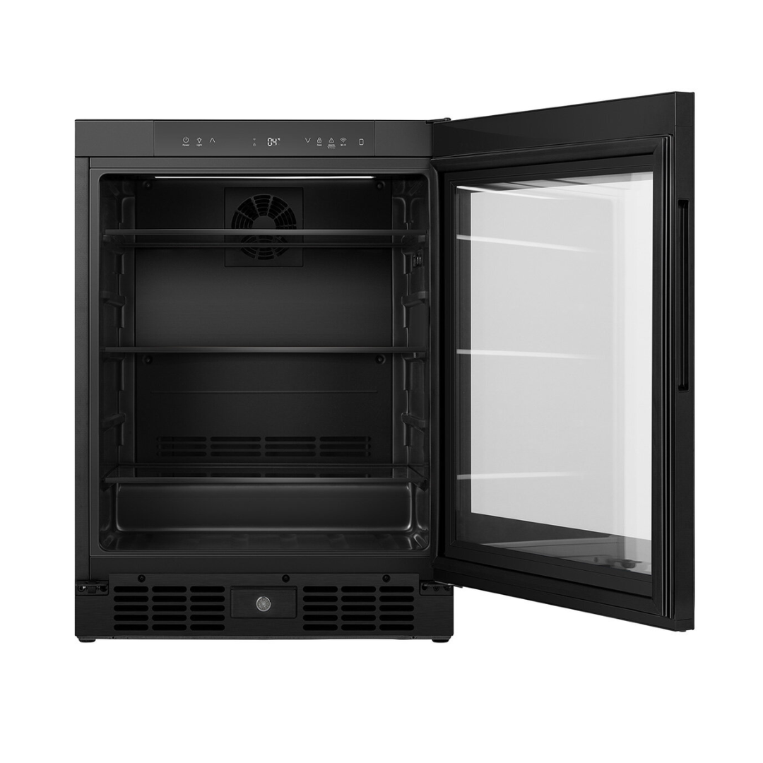 Front view of the Hisense 140 can beverage cooler in a black finish with the door open, showing the glass door, organised shelves and electronic control panel with touch controls on the top panel.