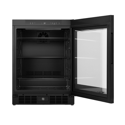 Front view of the Hisense 140 can beverage cooler in a black finish with the door open, showing the glass door, organised shelves and electronic control panel with touch controls on the top panel.