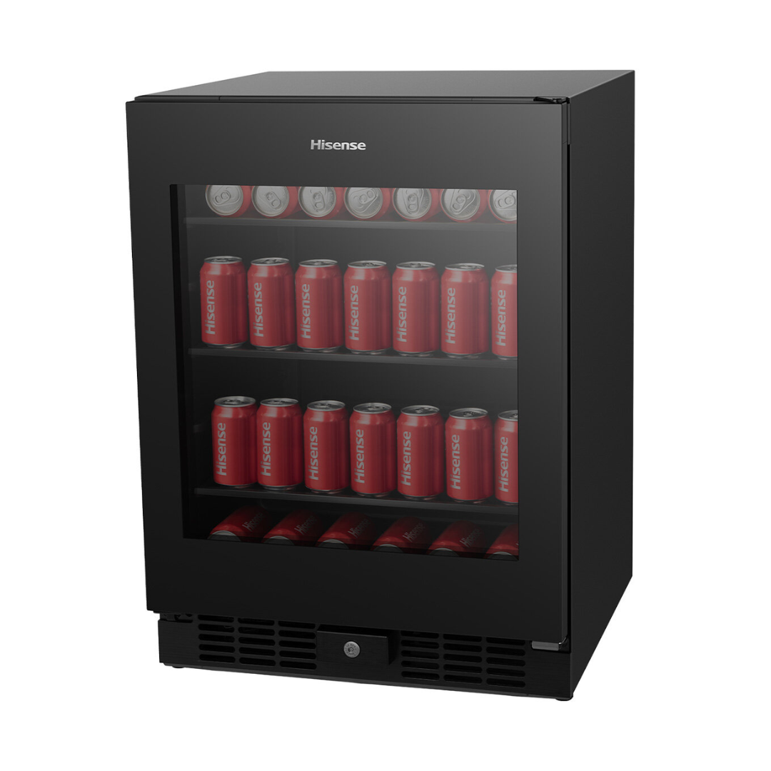 Angled view of the Hisense 140 can beverage cooler in black finish with the door closed, showing the glass door, organised shelves and the top and right outer panels on display.