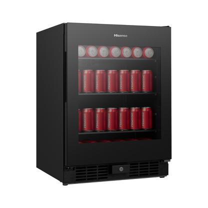 Angled view of the Hisense 140 can beverage cooler, showing the glass door, organised shelves and the left side panel. 