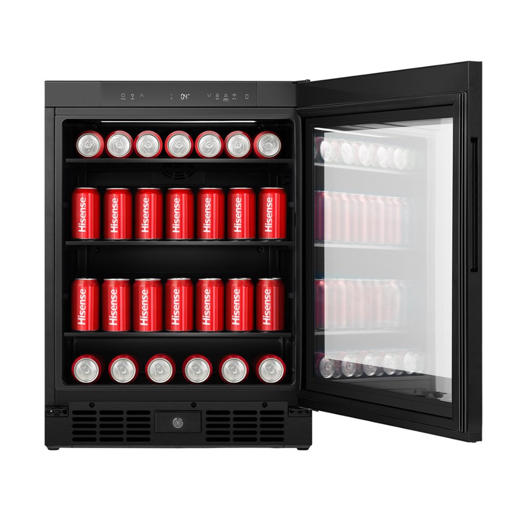 Front view of the Hisense 140 can beverage cooler in a black finish with the door open, showing organised shelving with cans stored on them, glass door and the electronic control panel with touch controls on the top panel.
