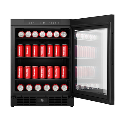 Front view of the Hisense 140 can beverage cooler in a black finish with the door open, showing organised shelving with cans stored on them, glass door and the electronic control panel with touch controls on the top panel.